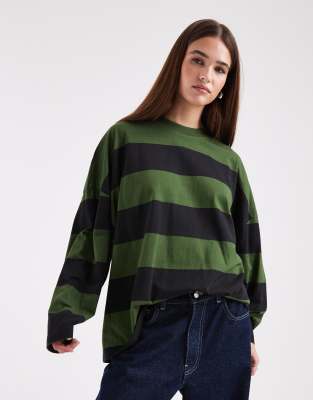 T-shirt manches longues à larges rayures - Kaki-Vert XS