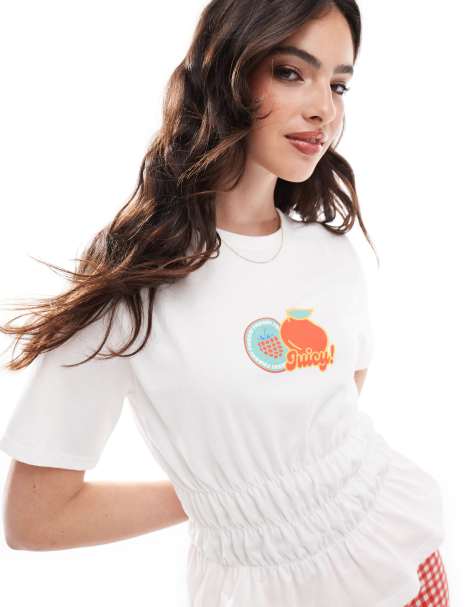COLLUSION – T-shirt med smockad midja och frukttryck - view 1