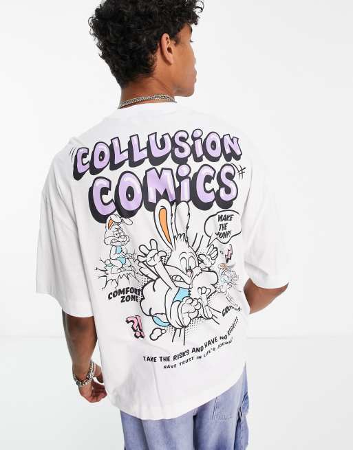 COLLUSION - T-shirt met 'Comics'- en konijnenprint in wit