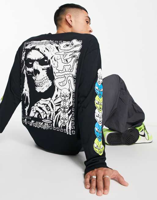 COLLUSION - T-shirt met lange mouwen en grafische doodshoofdprint in zwart
