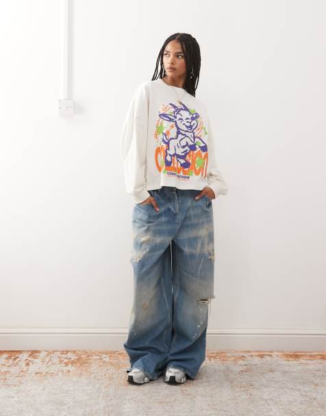 COLLUSION - T-shirt met lange mouwen en grafische geitprint in crème - view 1