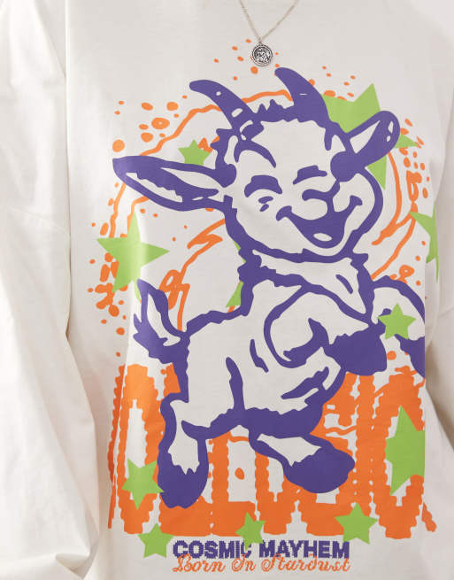 COLLUSION - T-shirt met lange mouwen en grafische geitprint in crème, 2 van 4