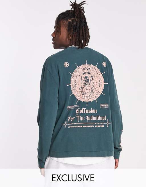 COLLUSION - T-shirt met lange mouwen en print in antraciet