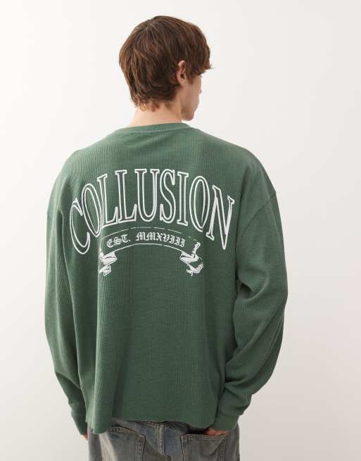 COLLUSION - T-shirt met lange mouwen, wafeltextuur en print in groen, 3 van 5