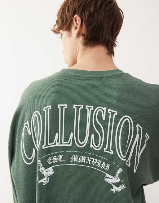 COLLUSION - T-shirt met lange mouwen, wafeltextuur en print in groen, 5 van 5