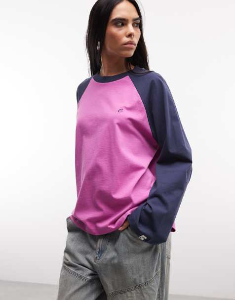 COLLUSION - T-shirt met raglanmouwen en logo in roze en marineblauw - view 1