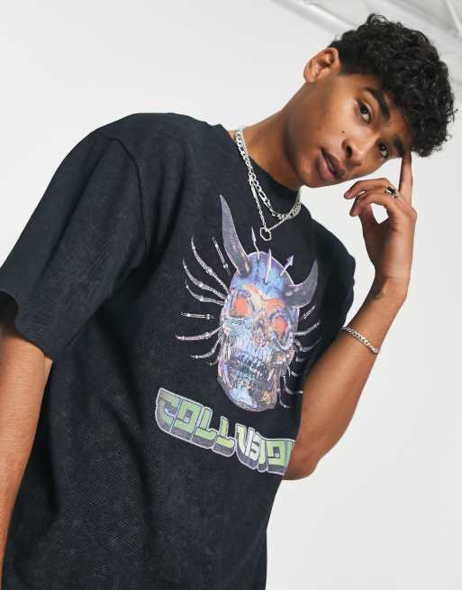 COLLUSION - T-shirt met schedelprint in zwarte wassing 