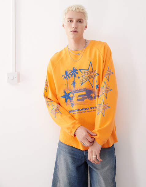 COLLUSION - T-shirt met skater pasvorm en lange mouwen in oranje met blauwe print - view 1