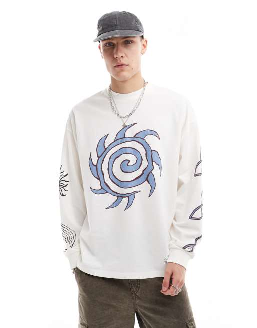 COLLUSION - T-shirt met skaterpasvorm, lange mouwen en abstracte prints in ecru