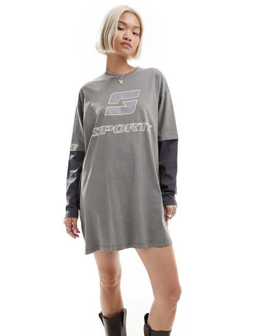 COLLUSION t shirt mini dress with double layer sleeve and sports print in washed grey