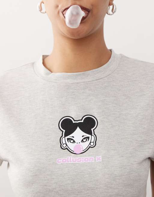 COLLUSION - T-shirt mini grigia con grafica di ragazza con bubblegum, 2 di 4
