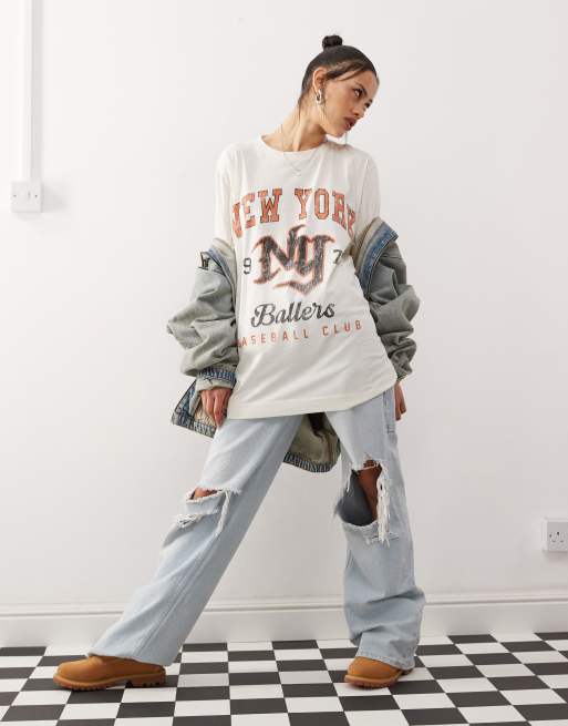 COLLUSION – T-shirt o luźnym kroju z długimi rękawami i nadrukiem z napisem „New York”