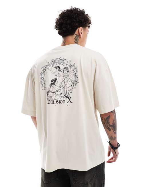 COLLUSION - T-shirt oversize color pietra con stampa di fata