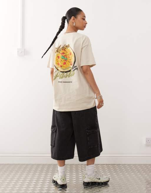 COLLUSION - T-shirt oversize color sabbia con stampa grafica di pasta sul retro