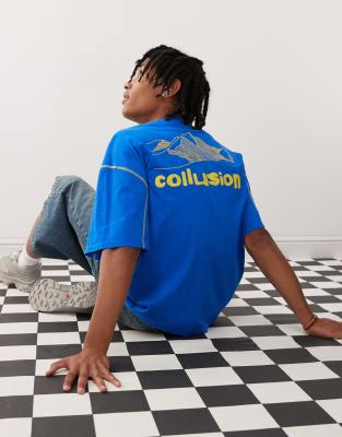 COLLUSION - T-shirt oversize imprimé avec détail à coutures plates - Bleu - view 1