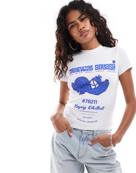 COLLUSION - T-shirt raccourci froncé à imprimé fruit - Blanc - view 1