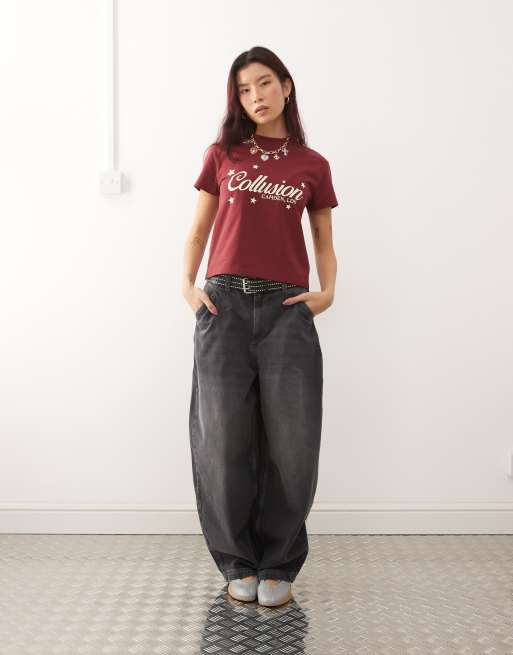 COLLUSION - T-shirt ristretta color ciliegia bruciato con stampa di stelline, 2 di 4