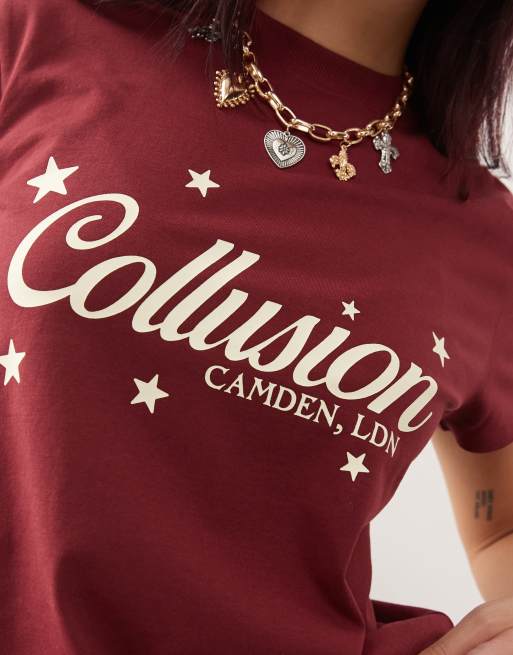 COLLUSION - T-shirt ristretta color ciliegia bruciato con stampa di stelline, 3 di 4