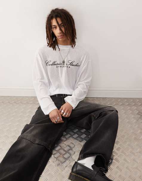 COLLUSION - T-shirt skater a maniche lunghe squadrata bianca trasparente testurizzata con stampa - view 1