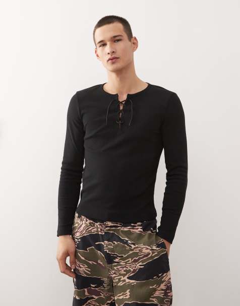 COLLUSION - T-shirt slim a maniche lunghe nera con laccetti e scollo serafino - view 1