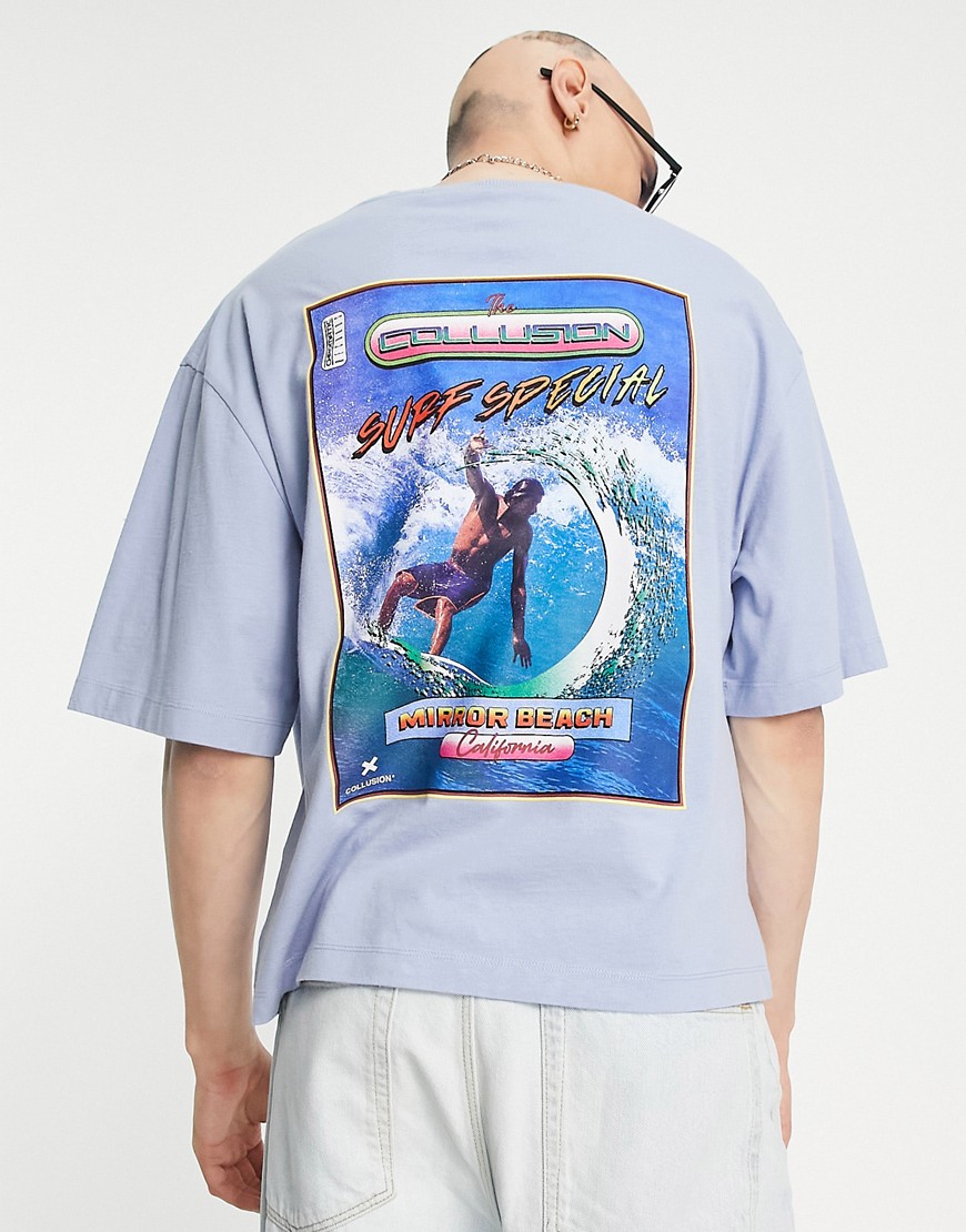 T-shirt squadrata lavaggio blu acido con stampa di surf - Collusion T-shirt donna  - immagine1