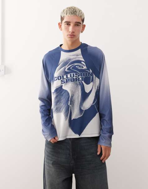 COLLUSION - T-shirt stile calcio blu navy con grafica - view 1