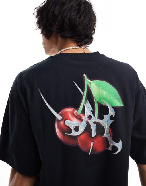 Collusion - T-shirt stile skater nera con stampa di ciliegie sul retro, 4 di 4