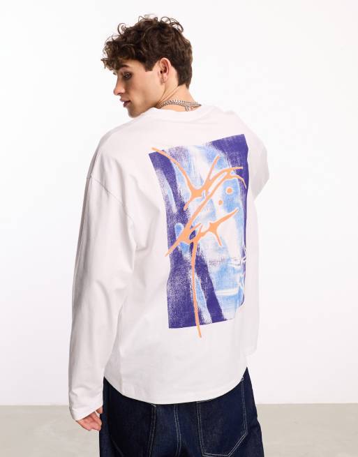 COLLUSION - T-shirt style skateur à manches longues avec motif sur le devant et dans le dos - Blanc