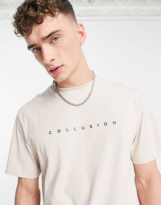 COLLUSION t-shirt with printed logo in beige