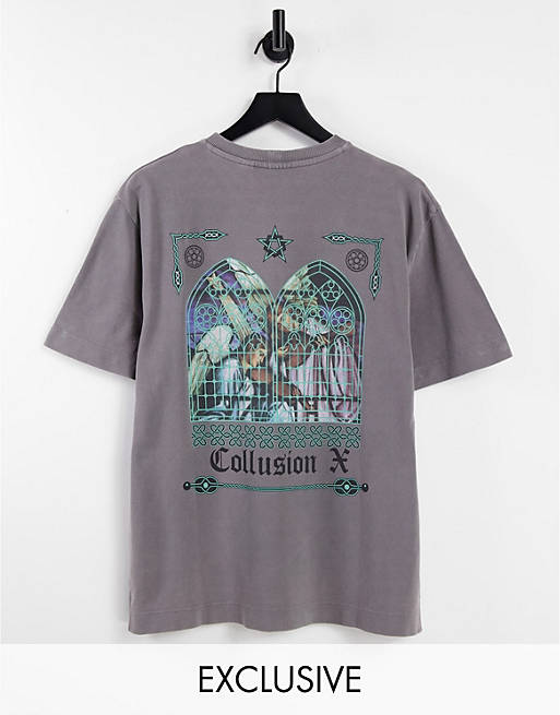 T-Shirts & Vests COLLUSION t-shirt with stained glass back print in pique stone co-ord 