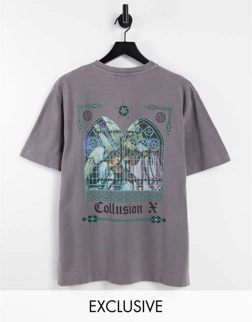 COLLUSION T-shirt with stained glass back print in pique stone - part of a set