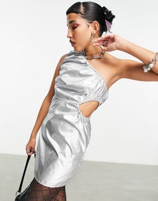 taffeta cut out mini dress in silver