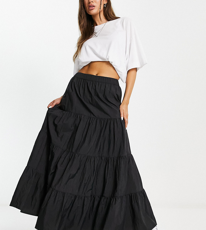 COLLUSION taffeta tiered maxi skirt in black