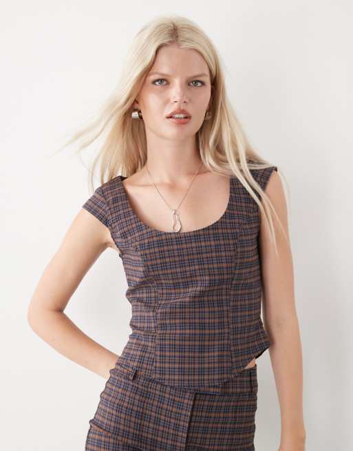 COLLUSION tailored bengaline cap sleeve top in check (part of a set)