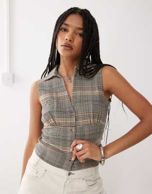 COLLUSION tailored button through shirt in mixed check - view 1