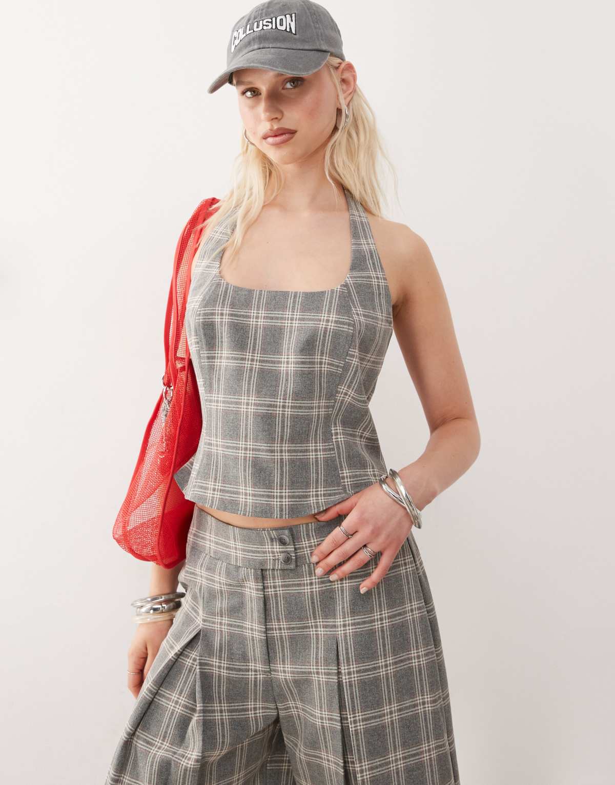 COLLUSION tailored co-ord check halter top in multi