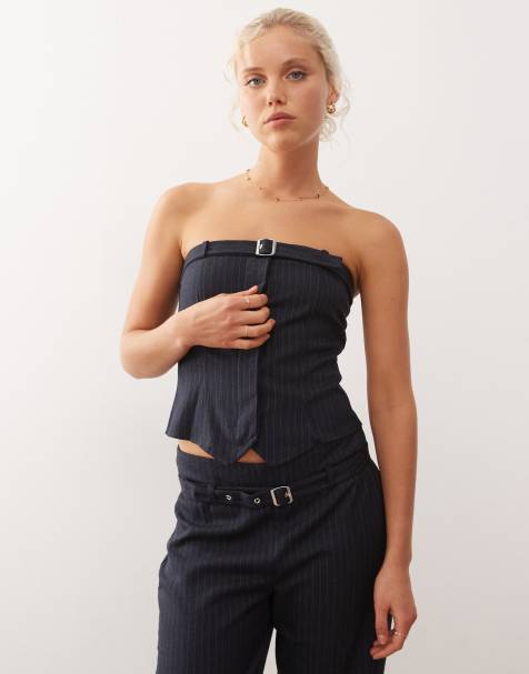 COLLUSION tailored fitted longline bandeau top in blue pinstripes - part of a set - view 1