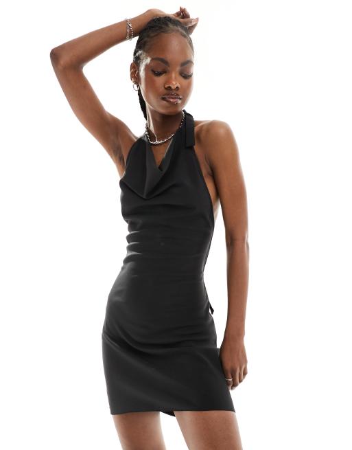 COLLUSION Tailored Halter Cowl Neck Dress with Buckle Details in Black