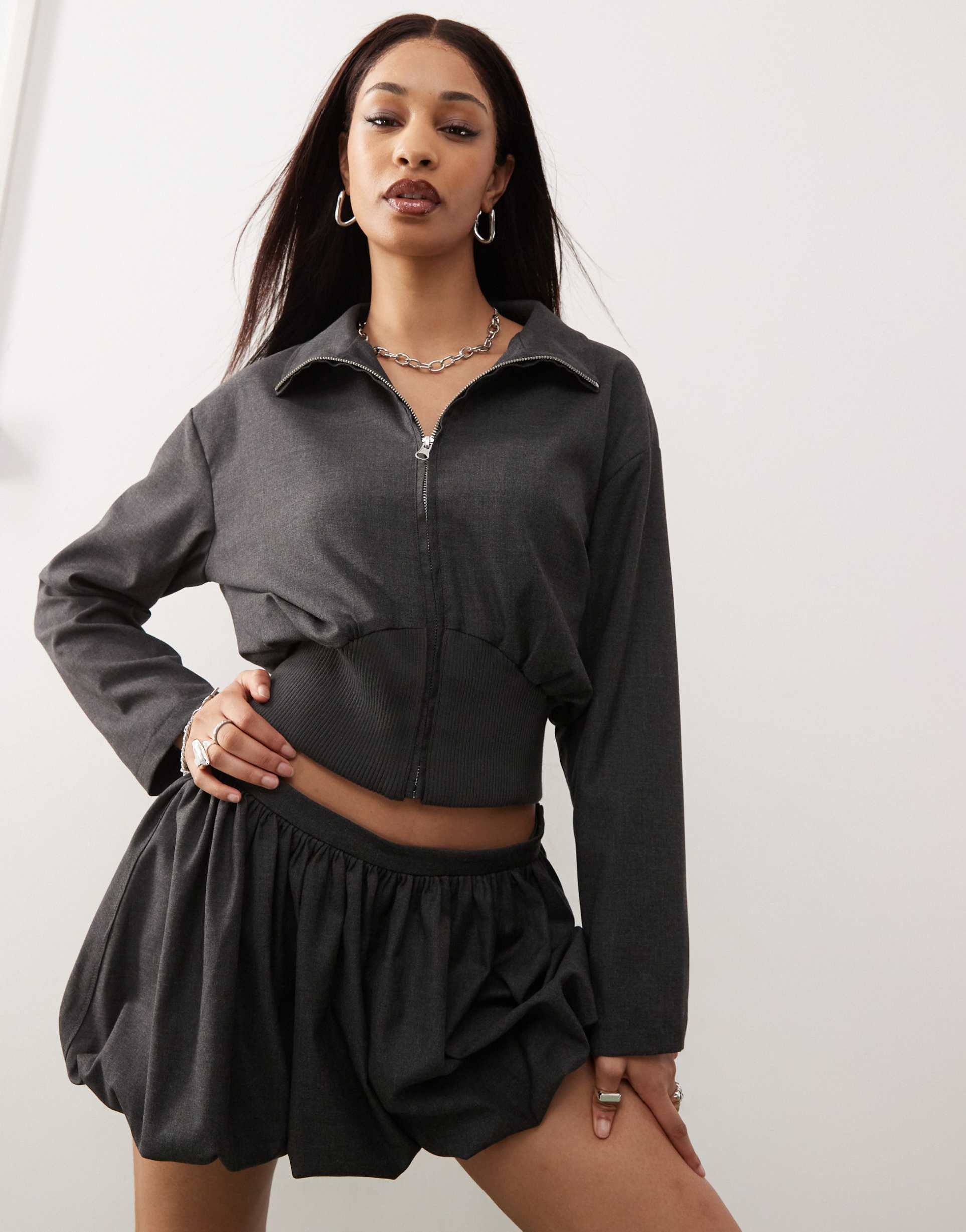 collusion tailored hybrid jacket in charcoal