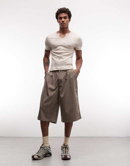 COLLUSION tailored jorts in brown pinstripe, 3 of 5