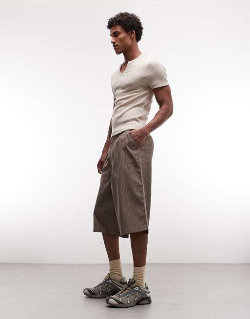 COLLUSION tailored jorts in brown pinstripe, 5 of 5