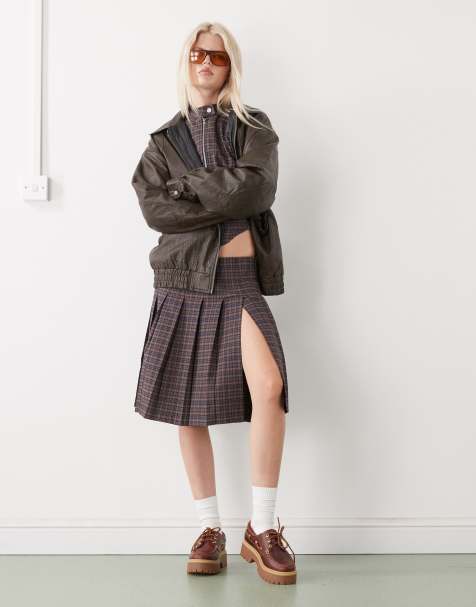 COLLUSION tailored low rise midi skirt with slit co-ord in dark check - view 1