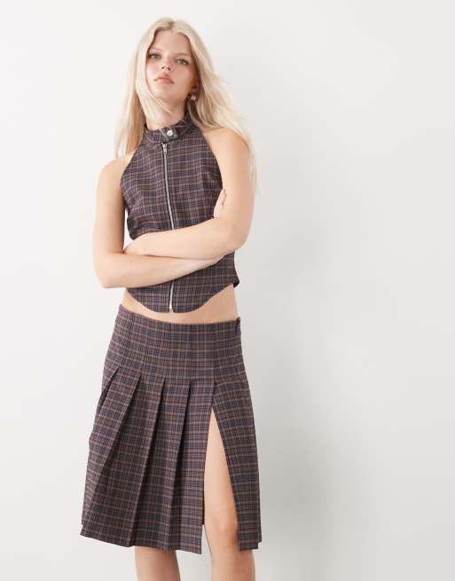 COLLUSION tailored low rise midi skirt with slit in dark plaid - part of a set, 2 of 5
