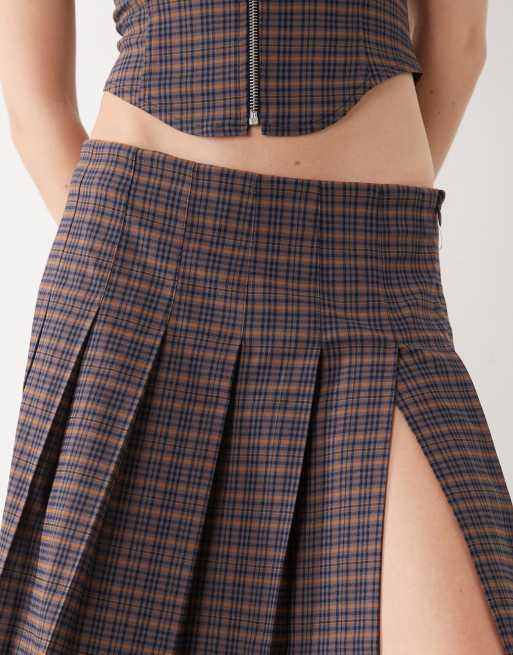 COLLUSION tailored low rise midi skirt with slit in dark plaid - part of a set, 3 of 5