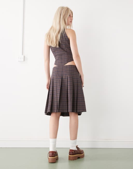 COLLUSION tailored low rise midi skirt with slit in dark plaid - part of a set, 4 of 5