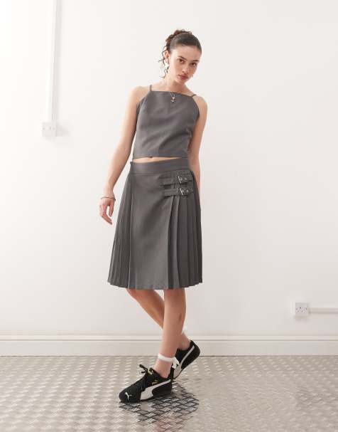 COLLUSION tailored midi kilt co-ord in grey - view 1