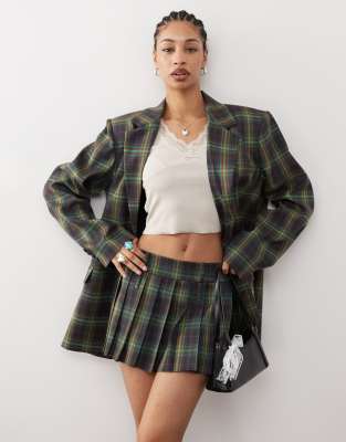 tailored mini skirt in green check-Gray