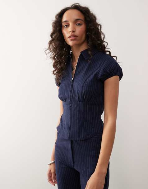 COLLUSION tailored pinstripe zip-front shirt in navy - view 1