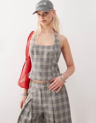Collusion Tailored Plaid Halter Top