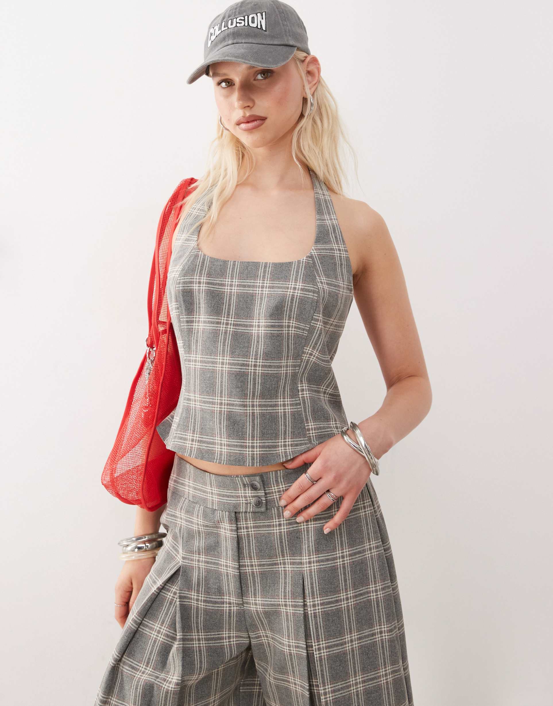 collusion tailored plaid halter top in multi - part of a set